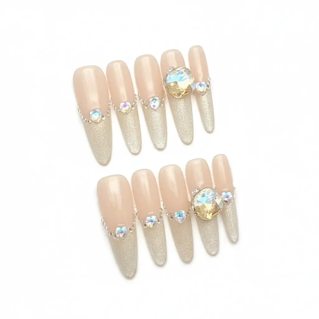 Alt Tag: Hadi Craft USA Luxury Handmade Cat-Eye Press-On Nails for Elegant Style, nude glitter stiletto nails, rhinestone embellished, handmade press-on