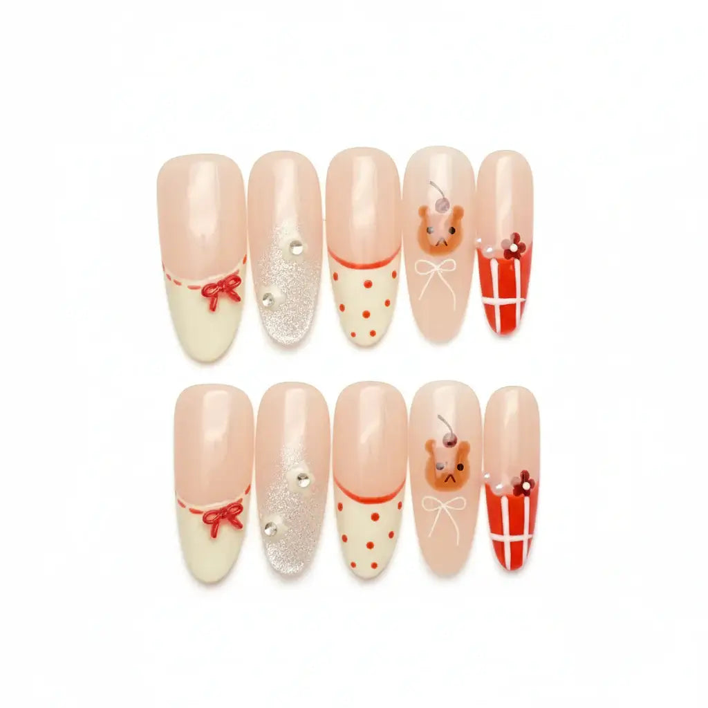 Alt Tag: Hadi Craft USA Luxury Handmade Cat-Eye Press-On Nails for Elegant Style, nude and red handmade nails with polka dots and bow designs