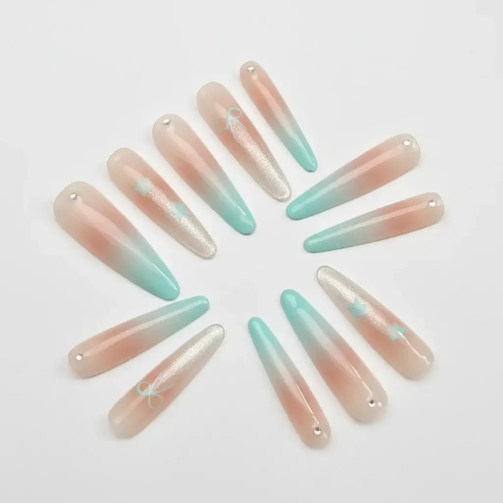 Luxury Handmade Cat-Eye Press-On Nails for Elegant Style by Hadi Craft USA, teal and nude ombre handmade nails, reusable press-on set