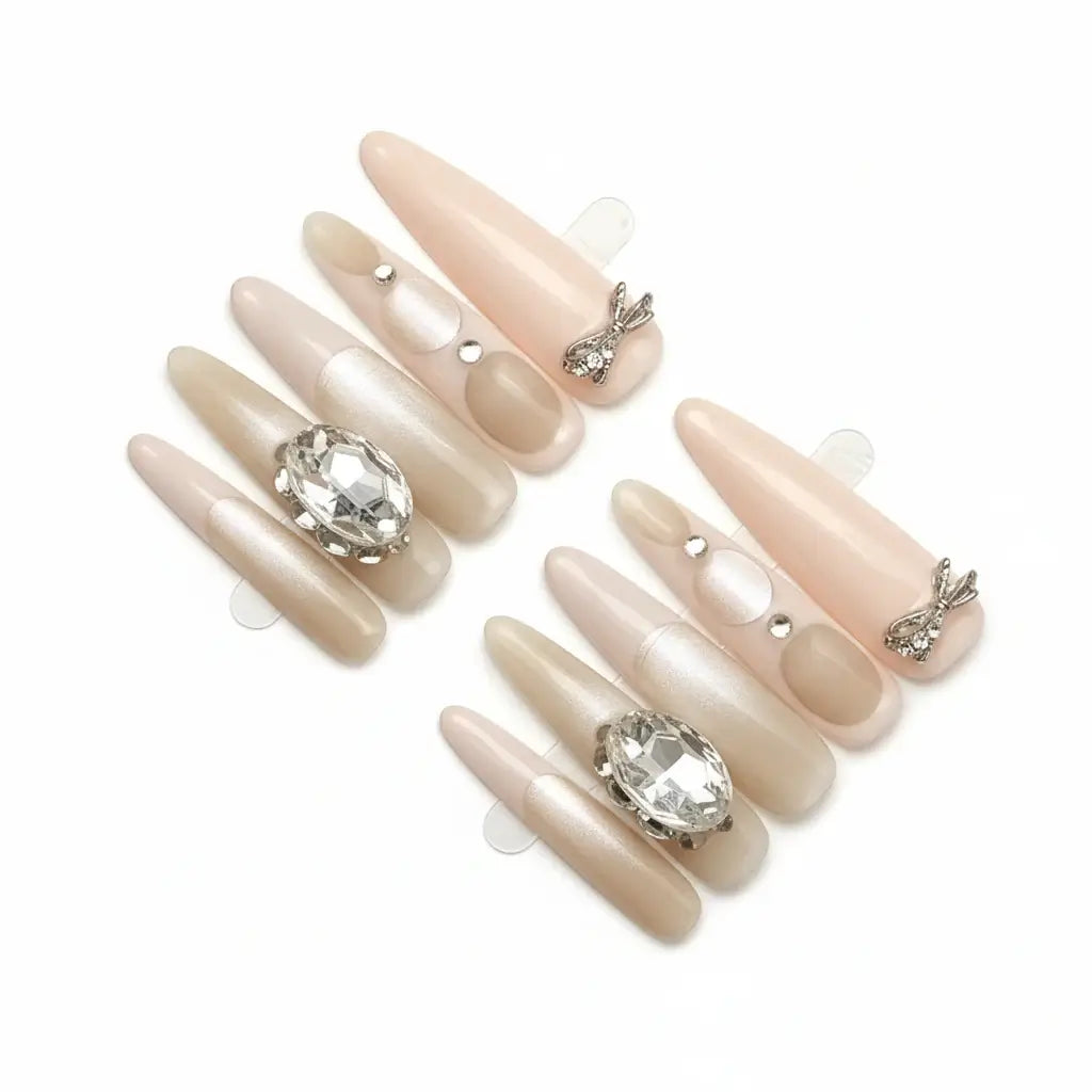 Hadi Craft USA Luxury Handmade Cat-Eye Press-On Nails for Elegant Style, nude stiletto rhinestone set, handmade earrings-inspired accents