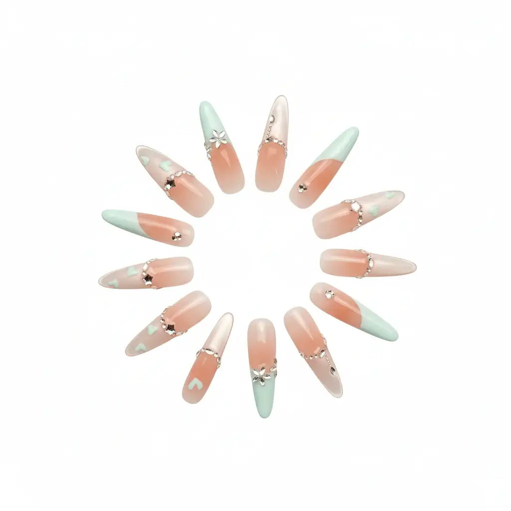 Alt Tag: Hadi Craft USA Luxury Handmade Cat-Eye Press-On Nails for Elegant Style, oval pastel pink and mint nails, handmade, personalized, earrings