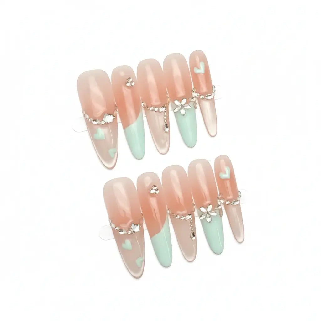 Luxury Handmade Cat-Eye Press-On Nails for Elegant Style by Hadi Craft USA, long pink and mint heart designs, handmade press-on nails SEO: handmade press-on nails, cat-eye nails, Hadi Craft USA