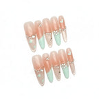 Luxury Handmade Cat-Eye Press-On Nails for Elegant Style by Hadi Craft USA, long pink and mint heart designs, handmade press-on nails SEO: handmade press-on nails, cat-eye nails, Hadi Craft USA