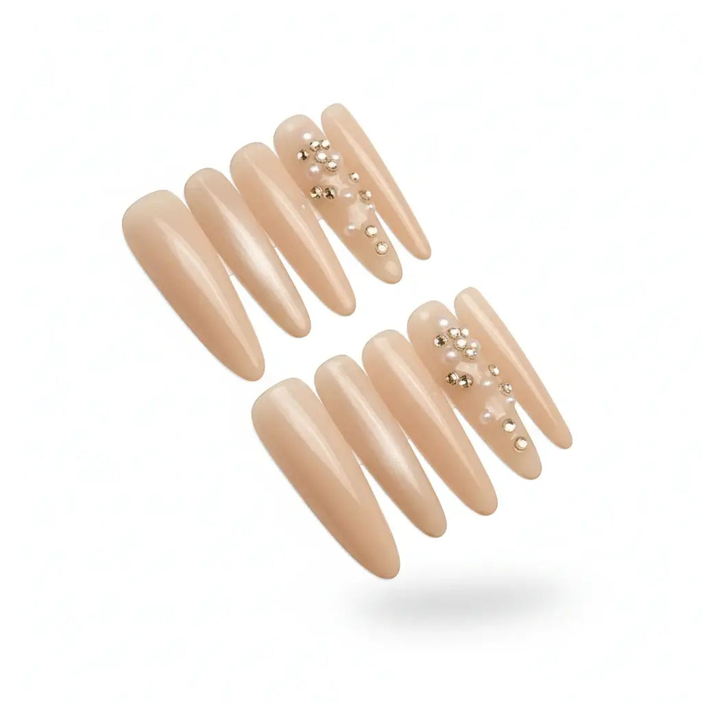 Alt Tag: Hadi Craft USA Luxury Handmade Cat-Eye Press-On Nails for Elegant Style, nude stiletto, rhinestone accents, handmade press-on nails