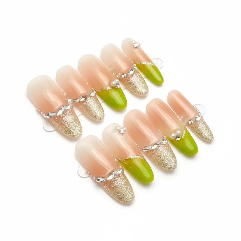 Hadi Craft USA Luxury Handmade Cat-Eye Press-On Nails for Elegant Style, nude glitter and green stiletto, handmade press-on nails