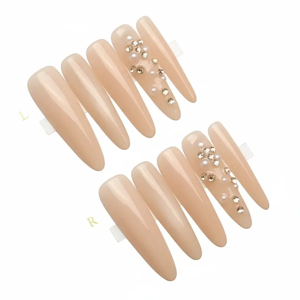Luxury Handmade Cat-Eye Press-On Nails for Elegant Style nude stiletto set with rhinestones by Hadi Craft USA, handmade nails, press-on nails, Hadi Craft USA