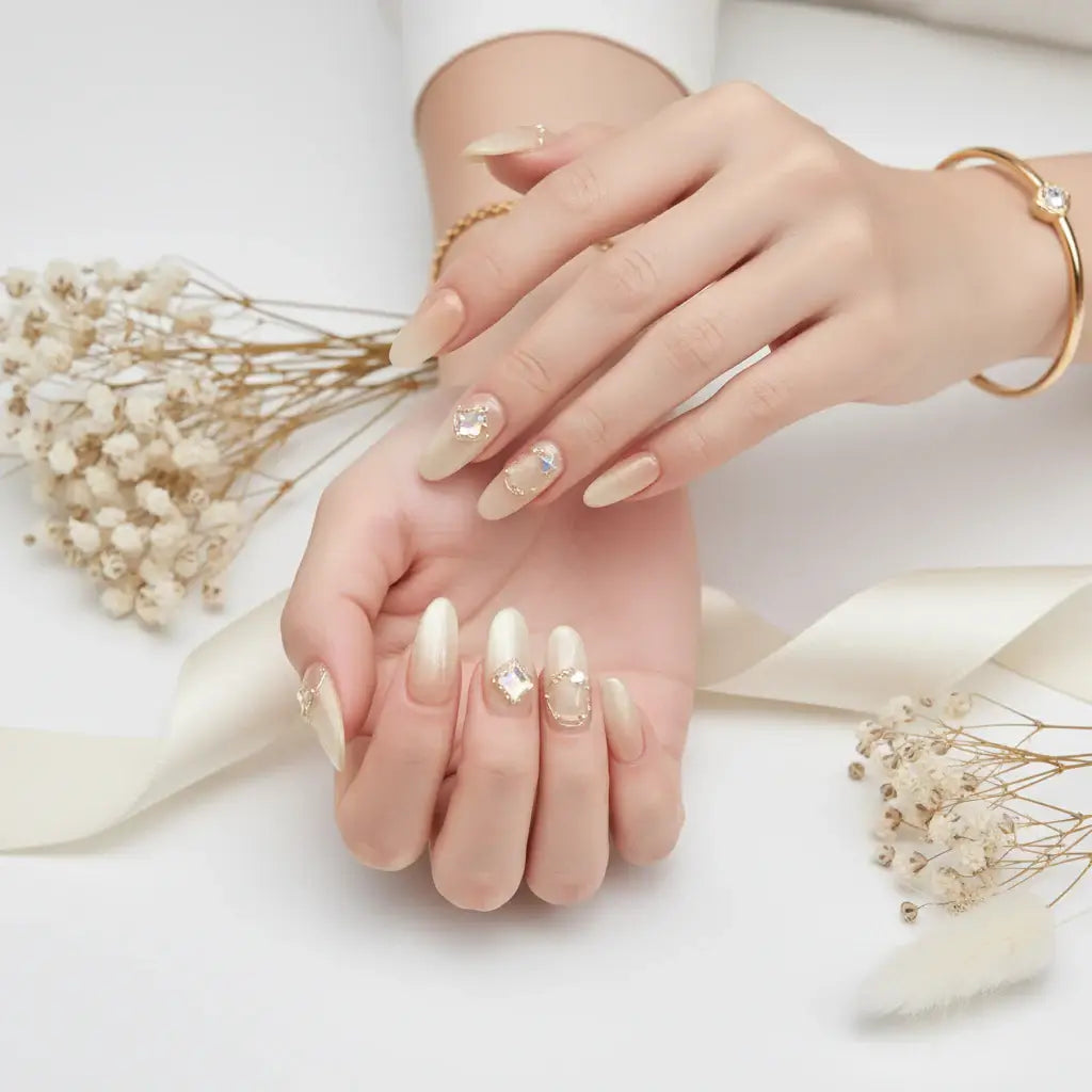 Luxury Handmade Cat-Eye Press-On Nails for Elegant Style by Hadi Craft USA, nude shimmer handmade nails, salon-style press-on nails USA