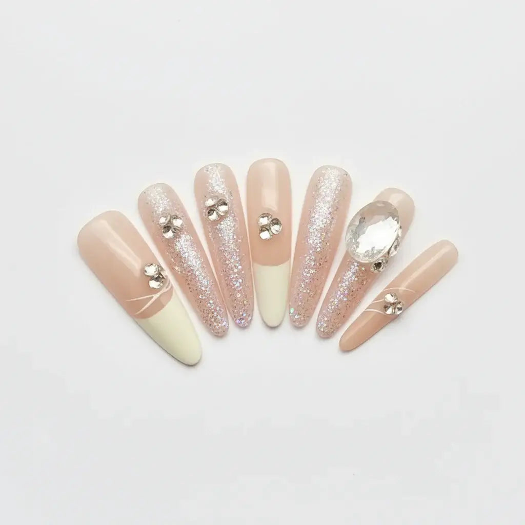 Luxury Handmade Cat-Eye Press-On Nails for Elegant Style by Hadi Craft USA, nude stiletto press-on nails with glitter and rhinestone accents