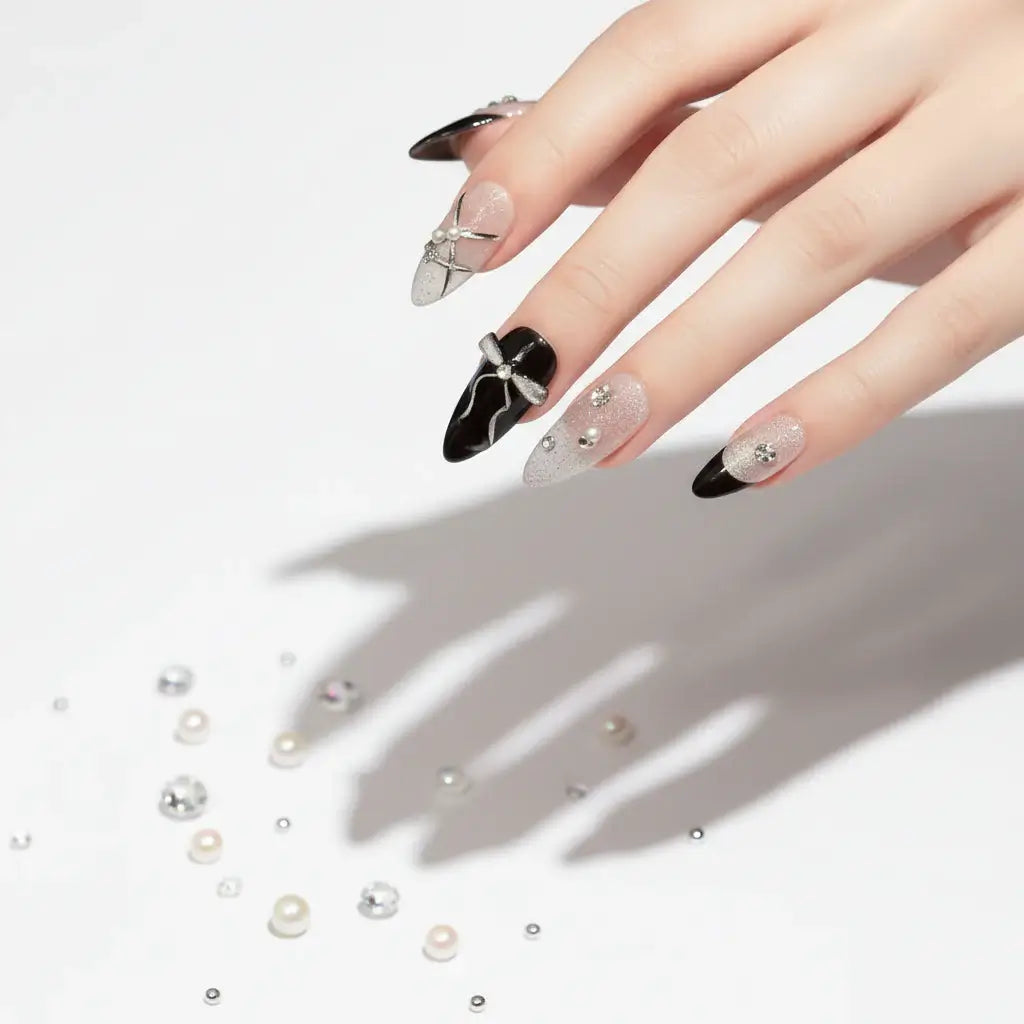 Pink Purple Cat's Eye Press On Nails, Handmade False Nail Bows Rhinestone Decor Sweet Cool Fake Nail