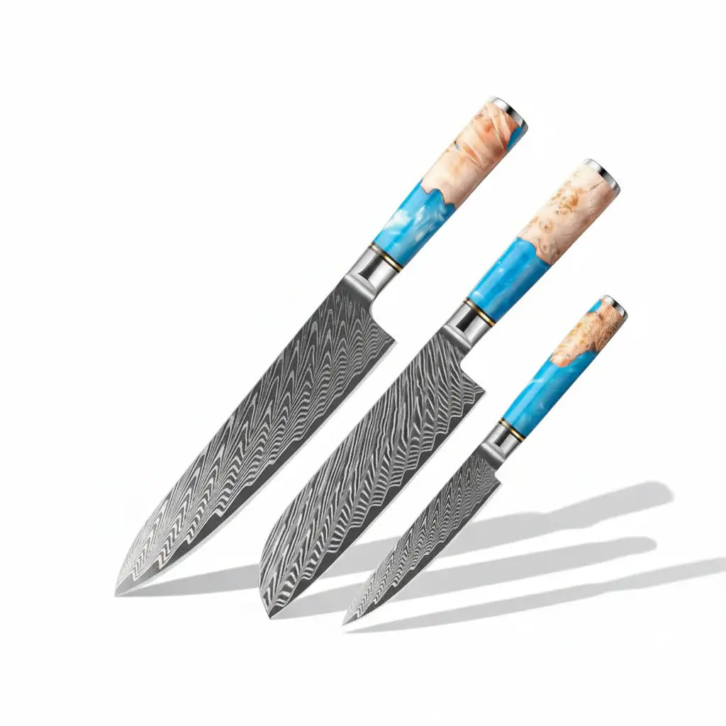 67-Layer Damascus Kitchen Knife Set – Chef, Nakiri, Utility & Santoku Knives with Wooden Handle