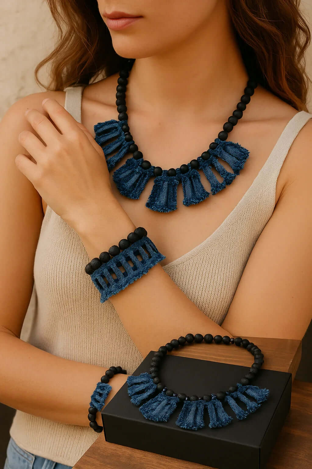 Handmade Denim Necklace and Bracelet set with Lava stone beads Hadi Craft