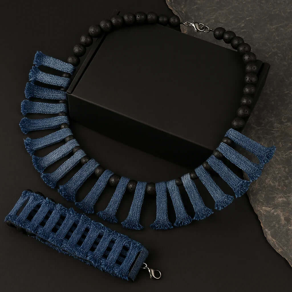 Handmade Denim Necklace and Bracelet set with Lava stone beads Hadi Craft