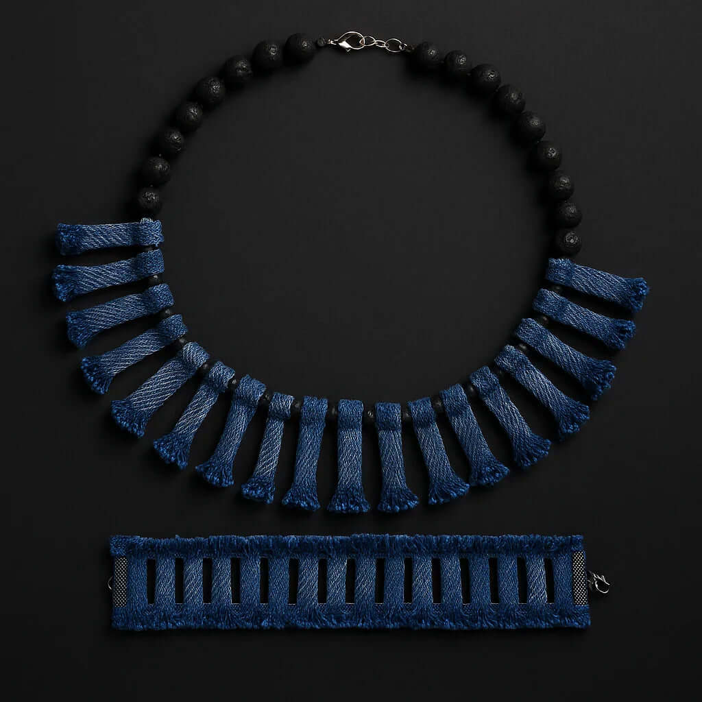 Handmade Denim Necklace and Bracelet set with Lava stone beads Hadi Craft