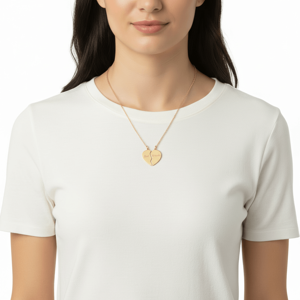 Engraved heart necklace set Best Friends or Couples Jewelry gold heart pendant on model, Hadi Craft USA, personalized engraved necklace