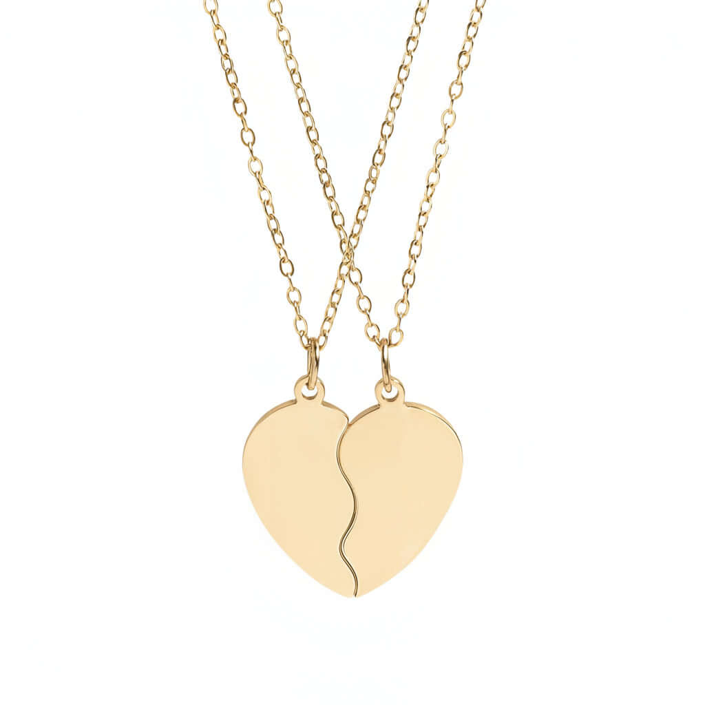 Alt Tag: Hadi Craft USA Engraved heart necklace set Best Friends or Couples Jewelry, gold tone split heart pendant necklace, personalized engraved jewelry