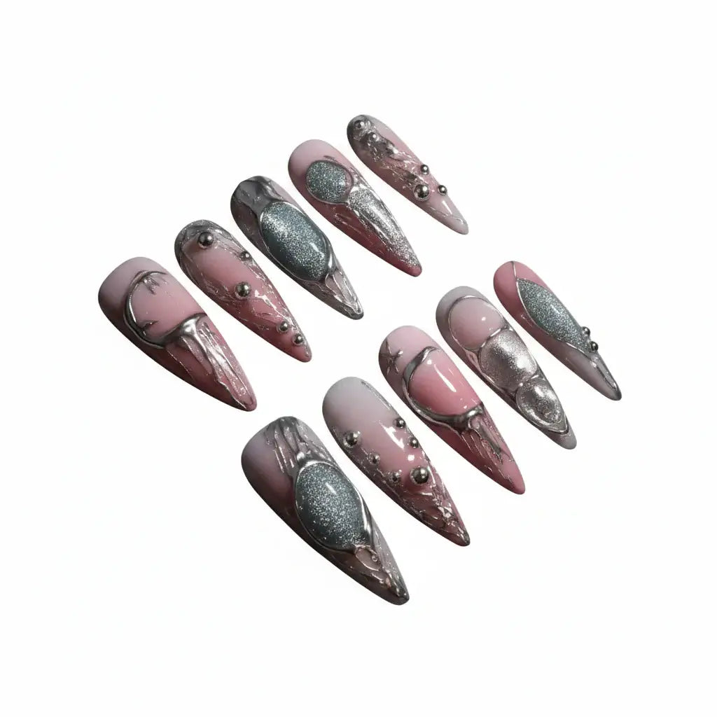 Metallic silver press on nails Handmade Fake Nails 10 Pieces set