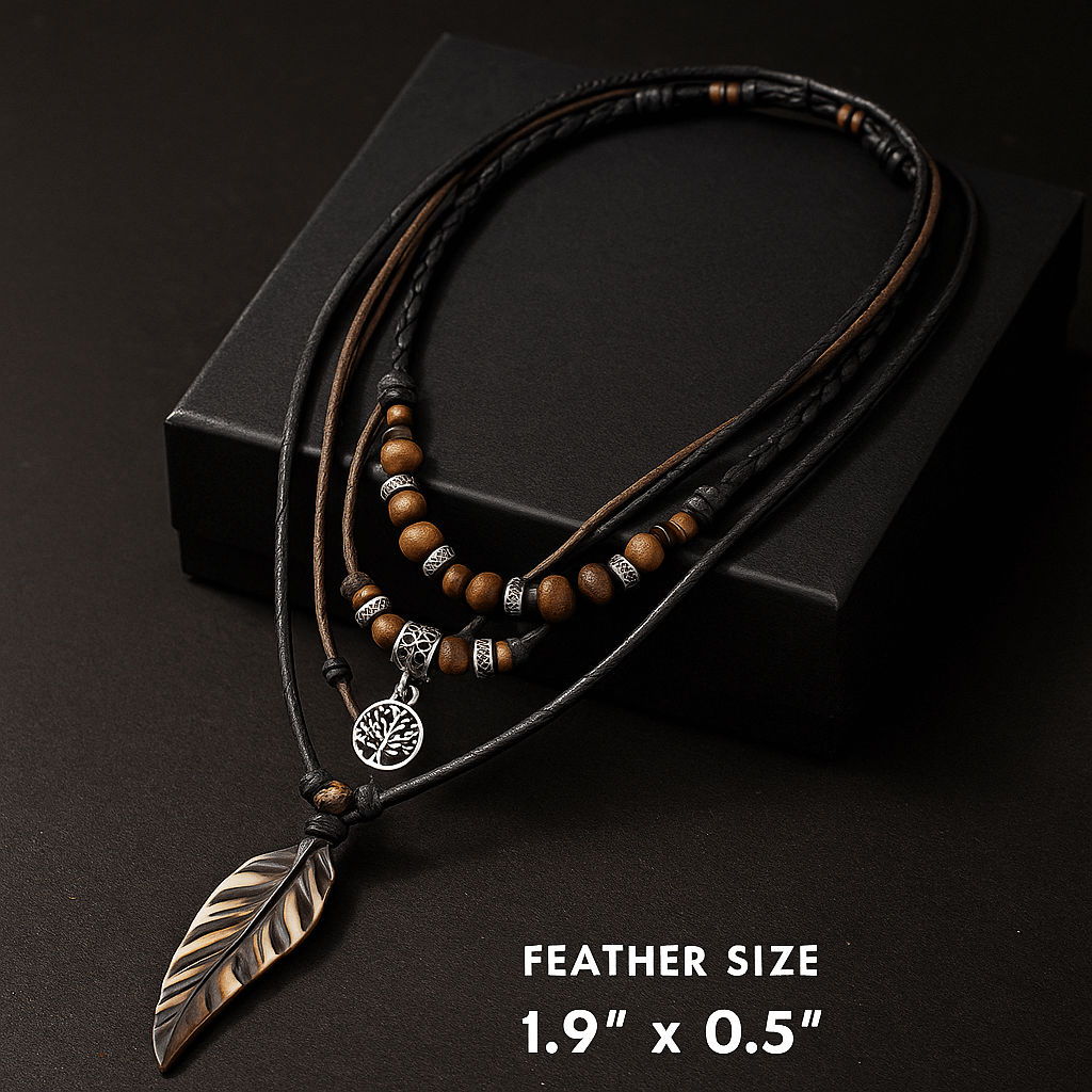 Handmade Feather Pendant Necklace – Boho Layered Leather Cord Necklace