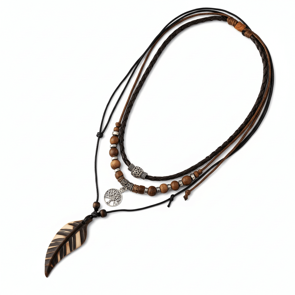 Handmade Feather Pendant Necklace – Boho Layered Leather Cord Necklace