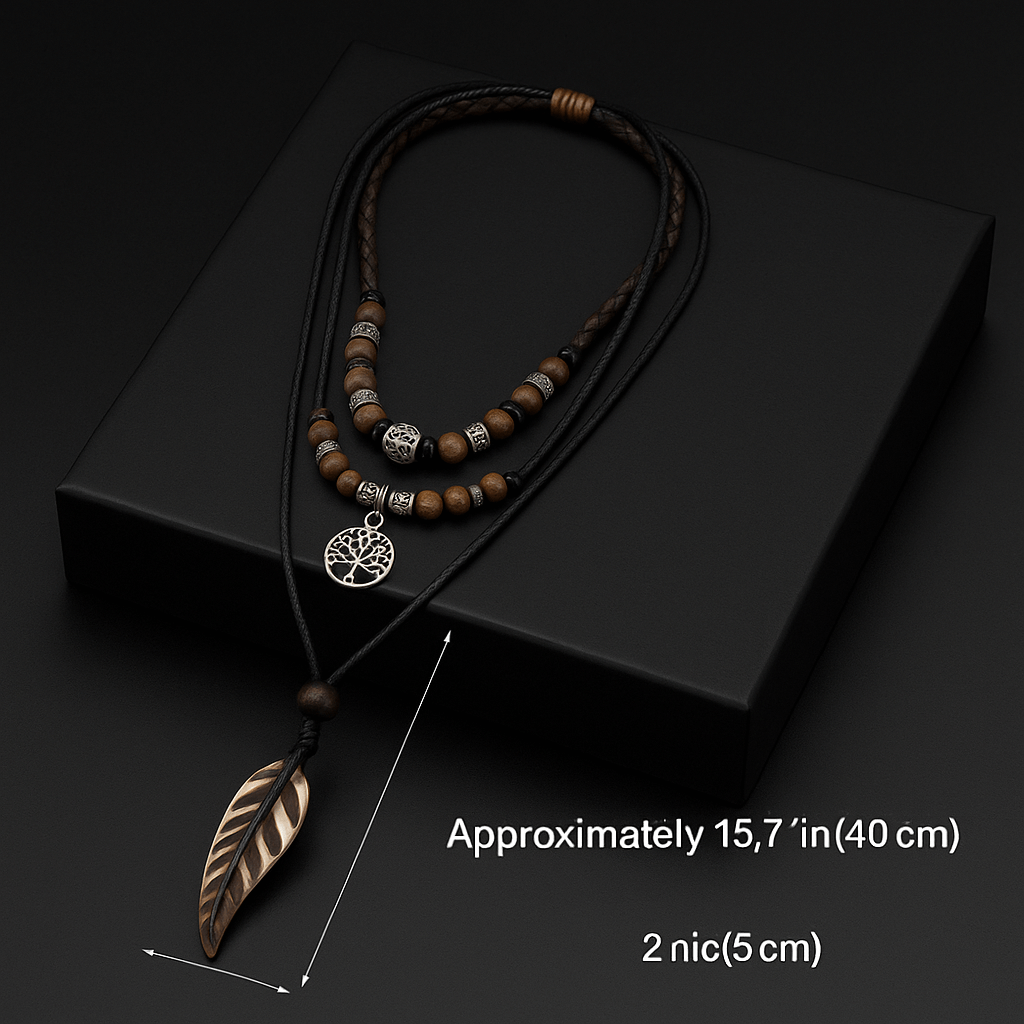 Handmade Feather Pendant Necklace – Boho Layered Leather Cord Necklace