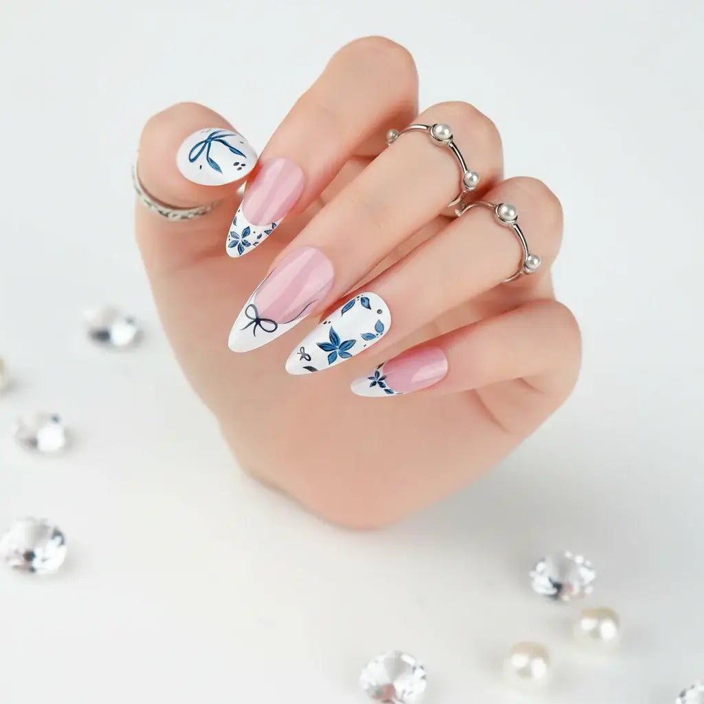 Hadi Craft USA Strawberry White French Almond Press-On Nails – 24PCS, ABS press-on nails, handmade nail art design