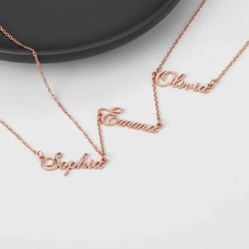 custom three name necklace Personalized Gold Charm Necklace by Hadi Craft USA, rose gold personalized nameplate necklace, engraved jewelry