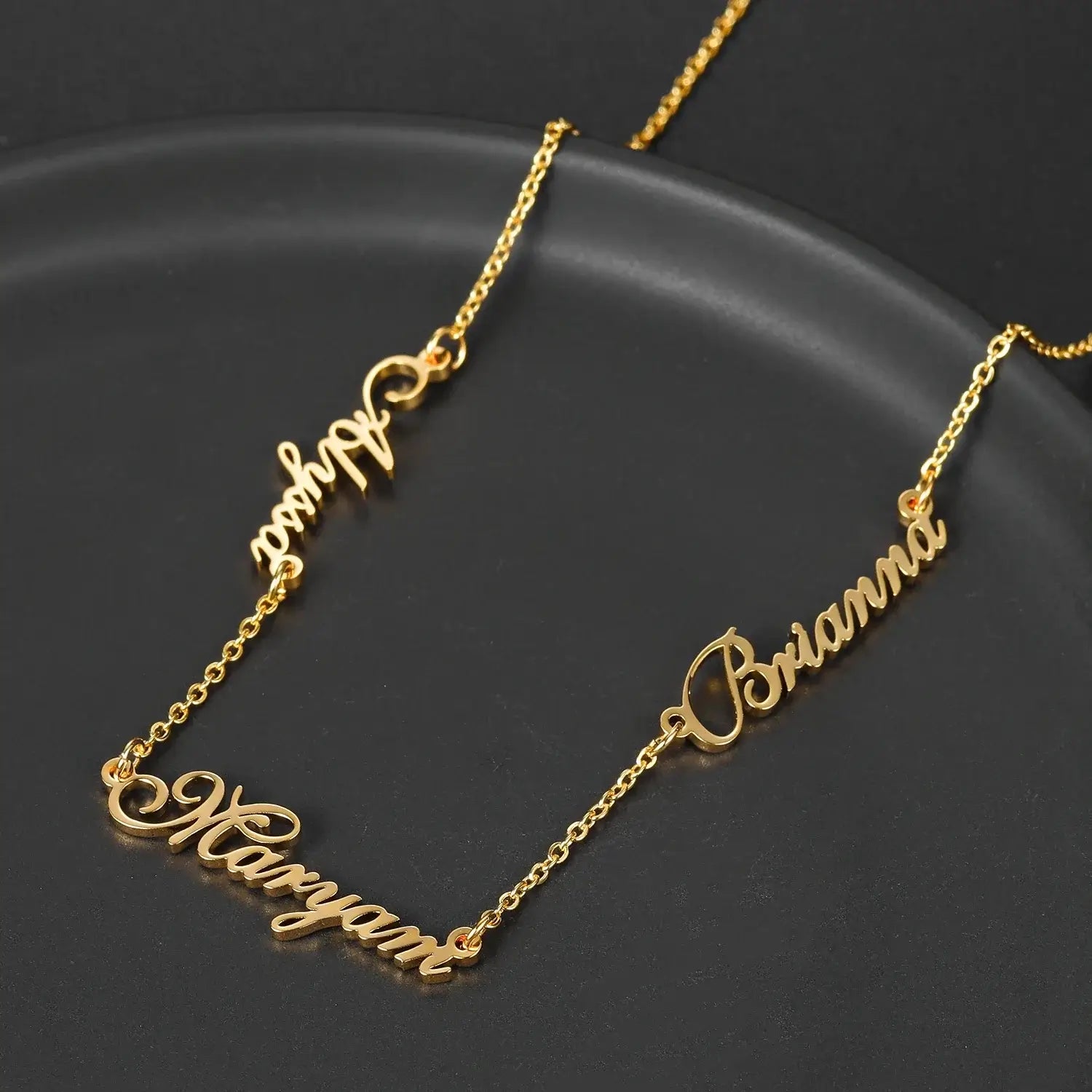 Alt Tag: custom three name necklace Personalized Gold Charm Necklace by Hadi Craft USA, gold stainless steel personalized nameplate necklace, engraved jewelry