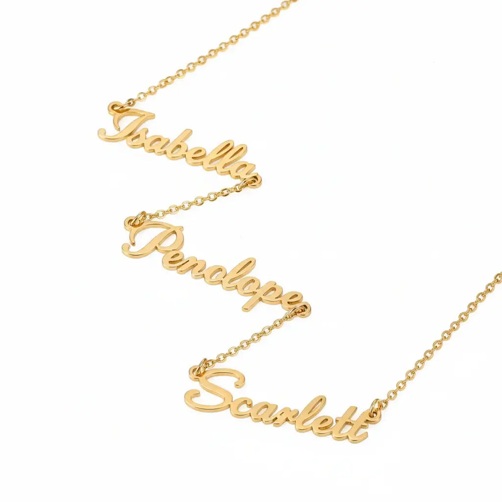 Alt Tag: Hadi Craft USA custom three name necklace Personalized Gold Charm Necklace, engraved nameplate pendant necklace, personalized jewelry