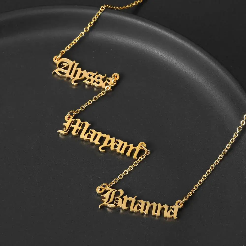 Alt Tag: Hadi Craft USA custom three name necklace Personalized Gold Charm Necklace, personalized gold nameplate necklace, engraved jewelry