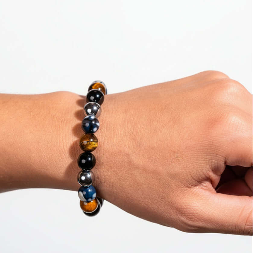 Orca’s Armor - The Triple Protection & Healing Bracelet beaded gemstone bracelet on wrist, Hadi Craft USA, handmade jewelry, healing bracelet