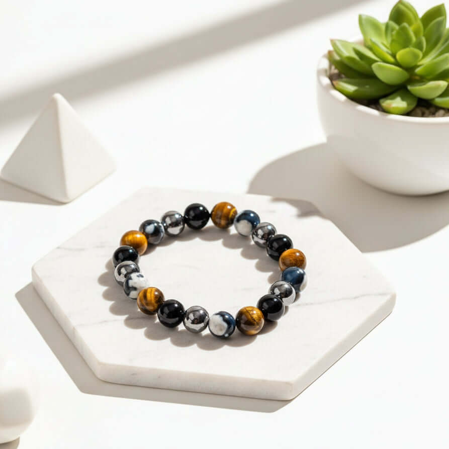 Orca’s Armor - The Triple Protection & Healing Bracelet by Hadi Craft USA, handmade beaded gemstone bracelet, tiger eye, minimalist jewelry
