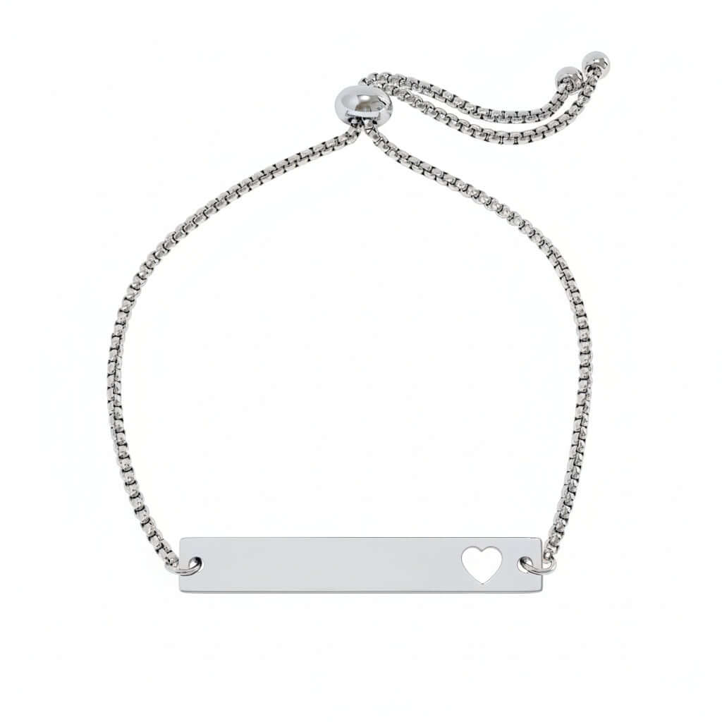 Alt Tag: Personalized Heart Bar Bracelet Adjustable Engraved Gold or Rose Gold by Hadi Craft USA, stainless steel bracelet, personalized, engraved