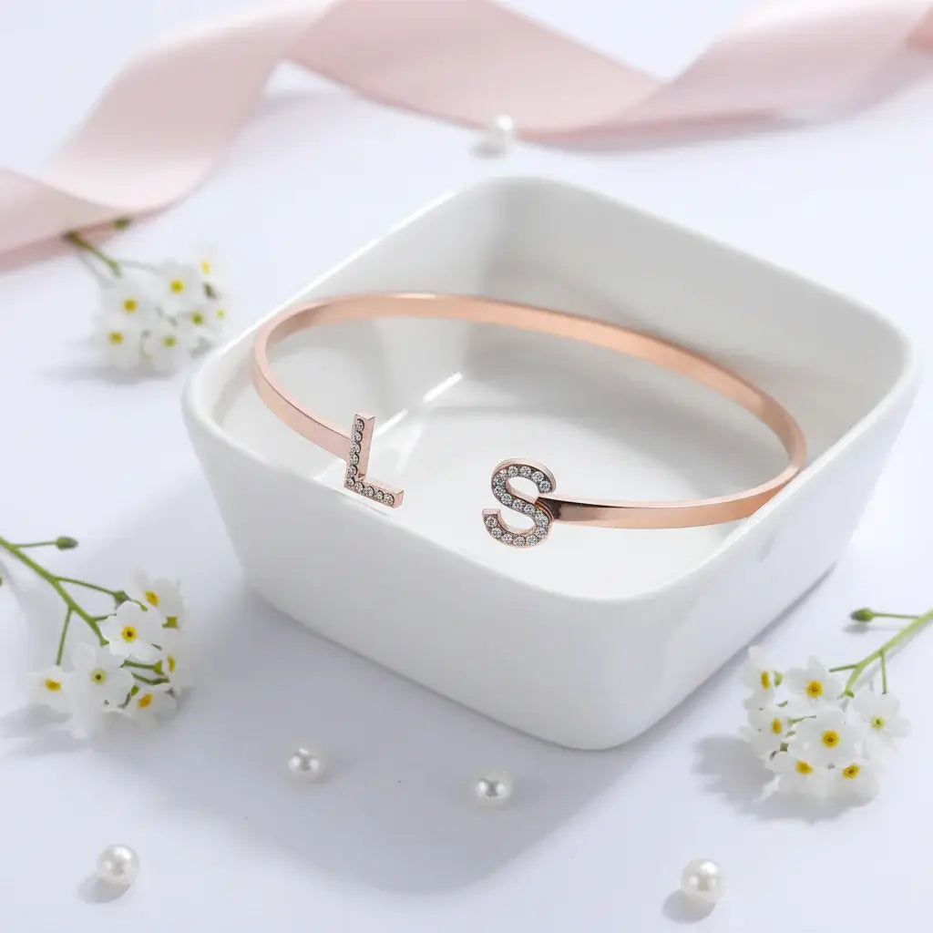 Hadi Craft USA Custom Iced Initials Bracelet Personalized Bracelet Stainless Steel rose gold open bracelet with L and S initials