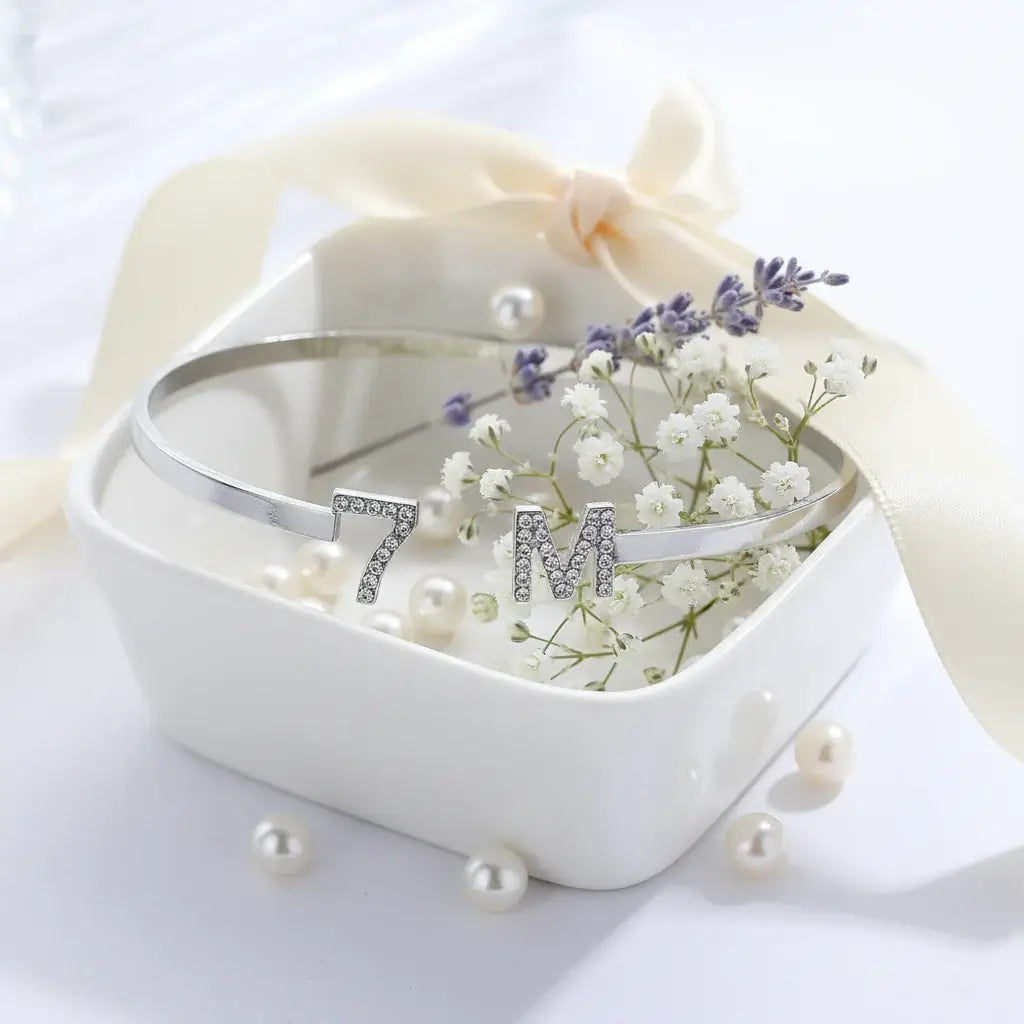 Hadi Craft USA Custom Iced Initials Bracelet Personalized Bracelet Stainless Steel open cuff with crystal letters 7 M