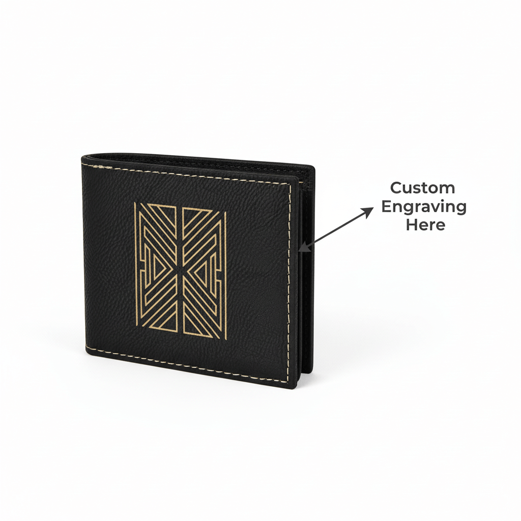 Hadi Craft USA Laserable Leatherette Bi-Fold Wallet with Flip ID Display – Personalized Engraving, black leather wallet, engraved personalized