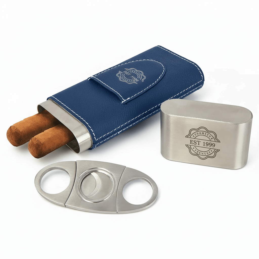 Hadi Craft USA Laserable Leatherette Cigar Case with Cutter – Personalized Engraving, blue leatherette cigar holder, engraved metal cigar cutter