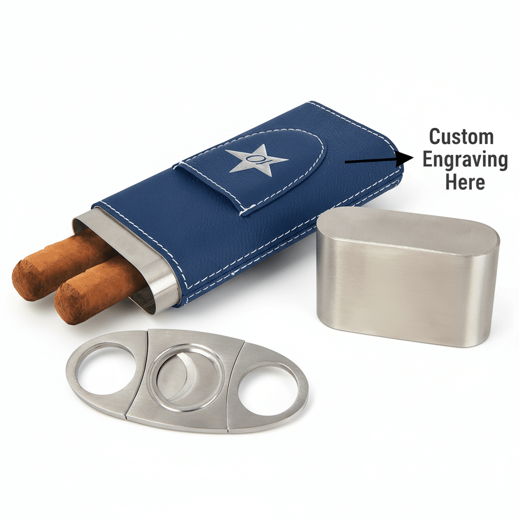 Hadi Craft USA Laserable Leatherette Cigar Case with Cutter – Personalized Engraving, blue leatherette case, stainless cigar cutter, engraved handmade