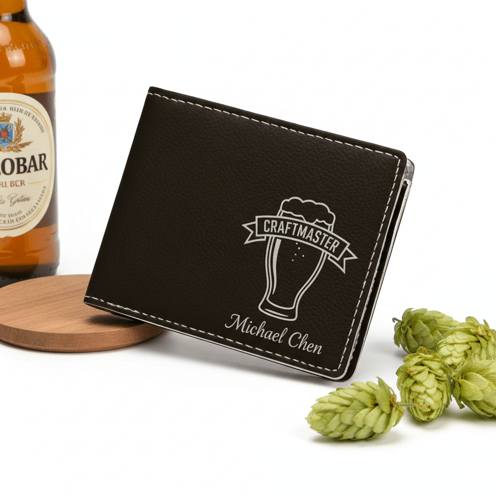 Hadi Craft USA Leather Bifold Wallet with Personalized Engraving – Rich Textured Finish, Water Resists, engraved beer logo leather wallet