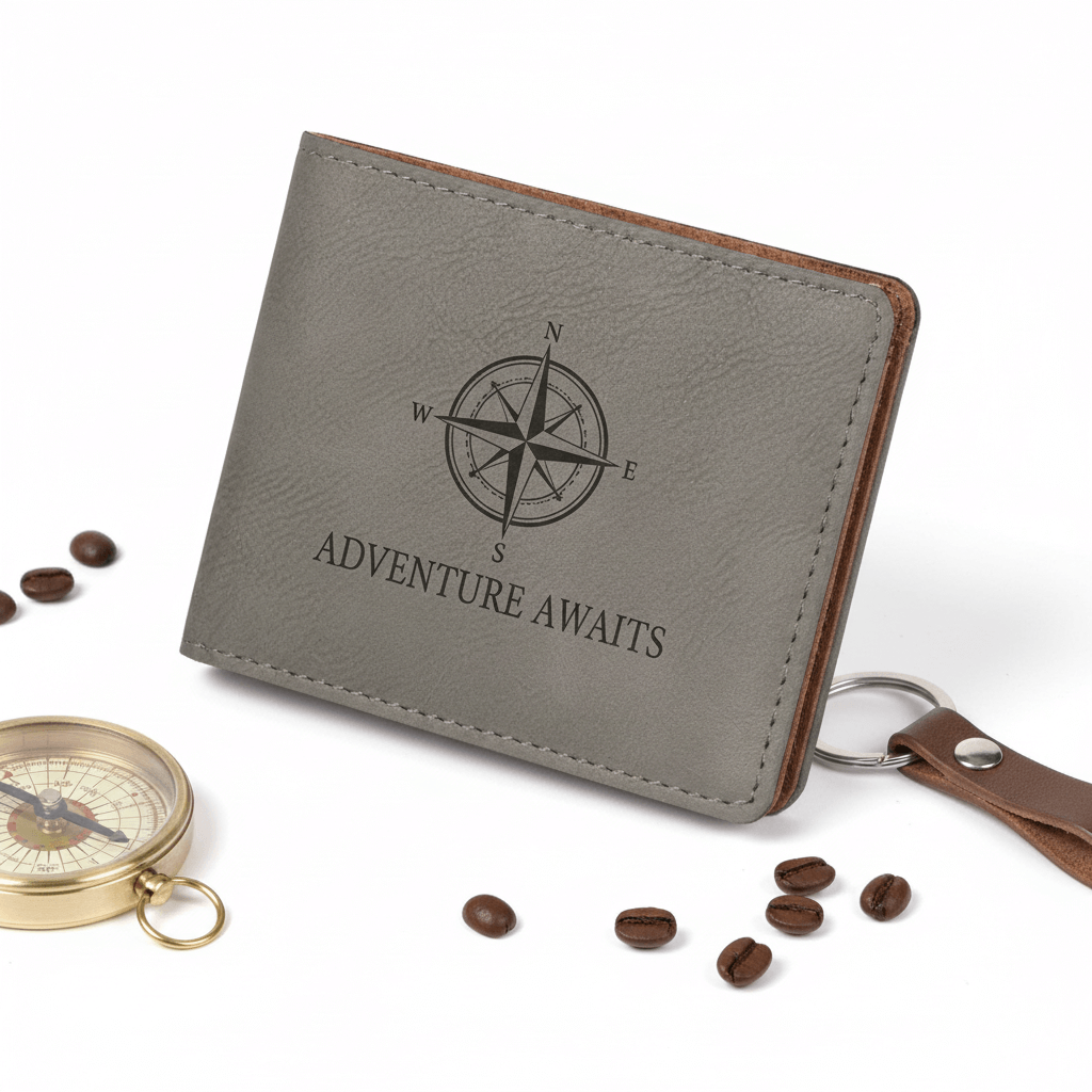 Hadi Craft USA Leather Bifold Wallet with Personalized Engraving – Rich Textured Finish, Water Resists, engraved compass design leather wallet