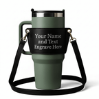 Personalized leather tumbler carrier for 40oz Stanley Tumbler with adjustable strap and custom engraving.