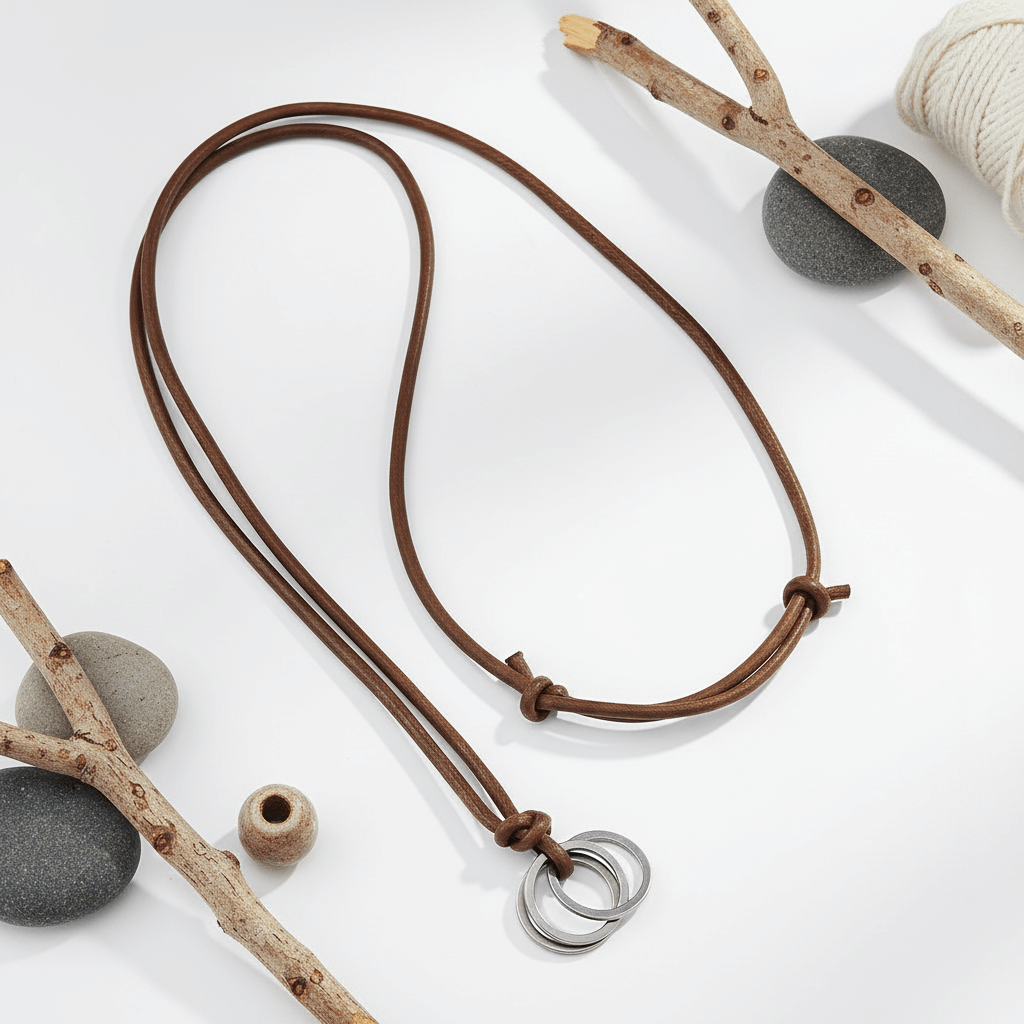 Handcrafted Leather Cord Necklace Minimalist Brown Rope Necklace with Interlocking Metal Rings