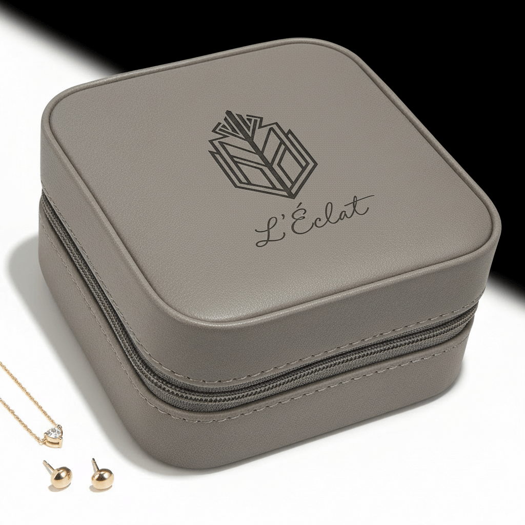 Alt Tag: Hadi Craft USA 4" x 4" Rustic/Silver Laserable Leatherette Travel Jewelry Box – Personalized (2 Colors) engraved necklace earrings organizer