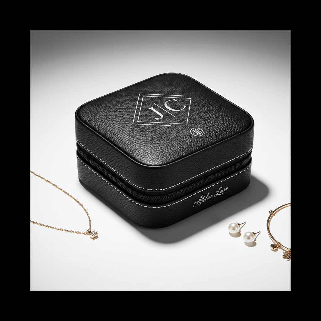 Alt Tag: 4" x 4" Rustic/Silver Laserable Leatherette Travel Jewelry Box – Personalized (2 Colors) by Hadi Craft USA, engraved initials, necklace, earrings