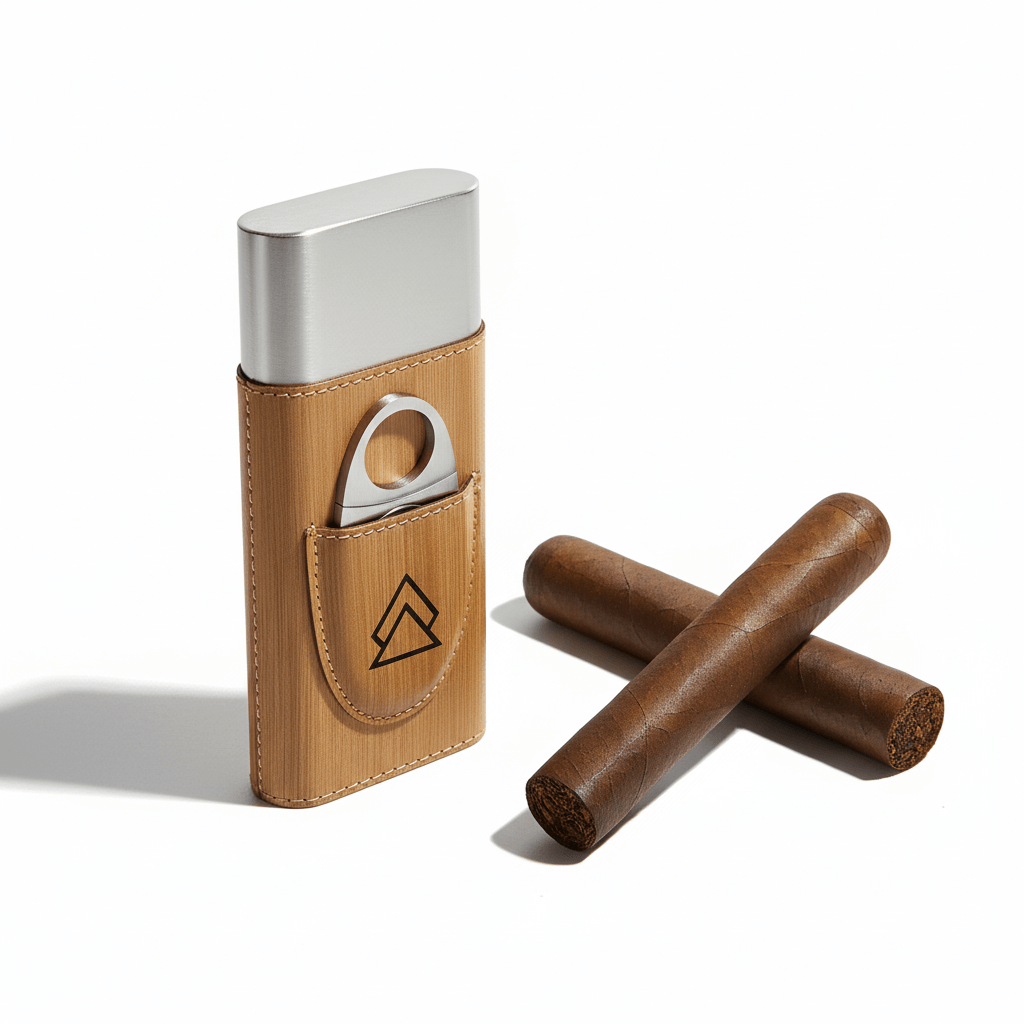 Laserable Leatherette Cigar Case with Cutter – Personalized Engraving by Hadi Craft USA, tan leatherette cigar holder, engraved, handmade accessory