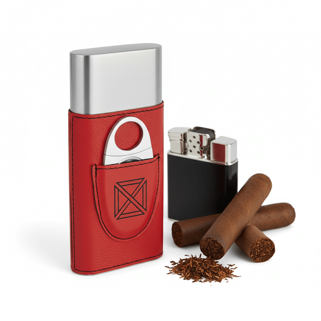 Hadi Craft USA Laserable Leatherette Cigar Case with Cutter – Personalized Engraving, red engraved leatherette, handmade cigar accessory