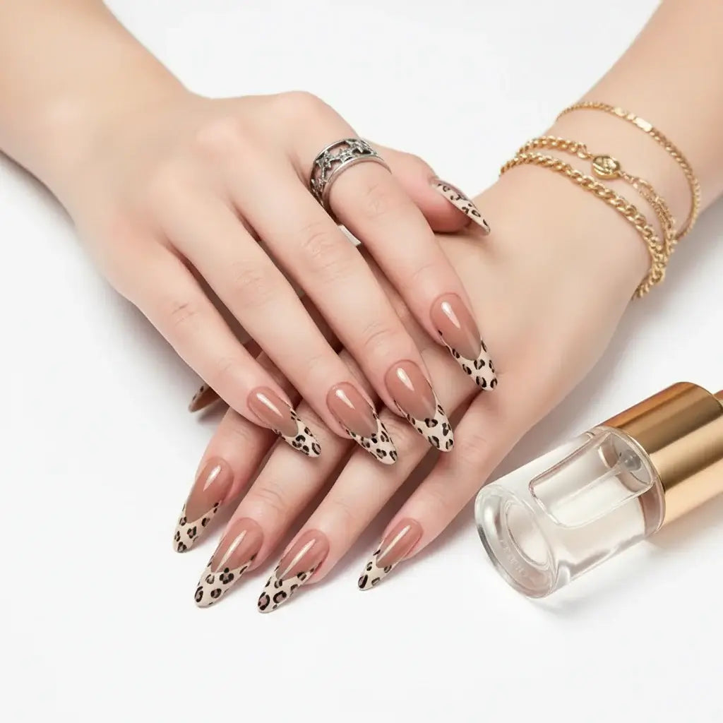 Hadi Craft USA Leopard Print French Almond Press-On Nails with Bow & Pearl, long ABS manicure, modern nail art