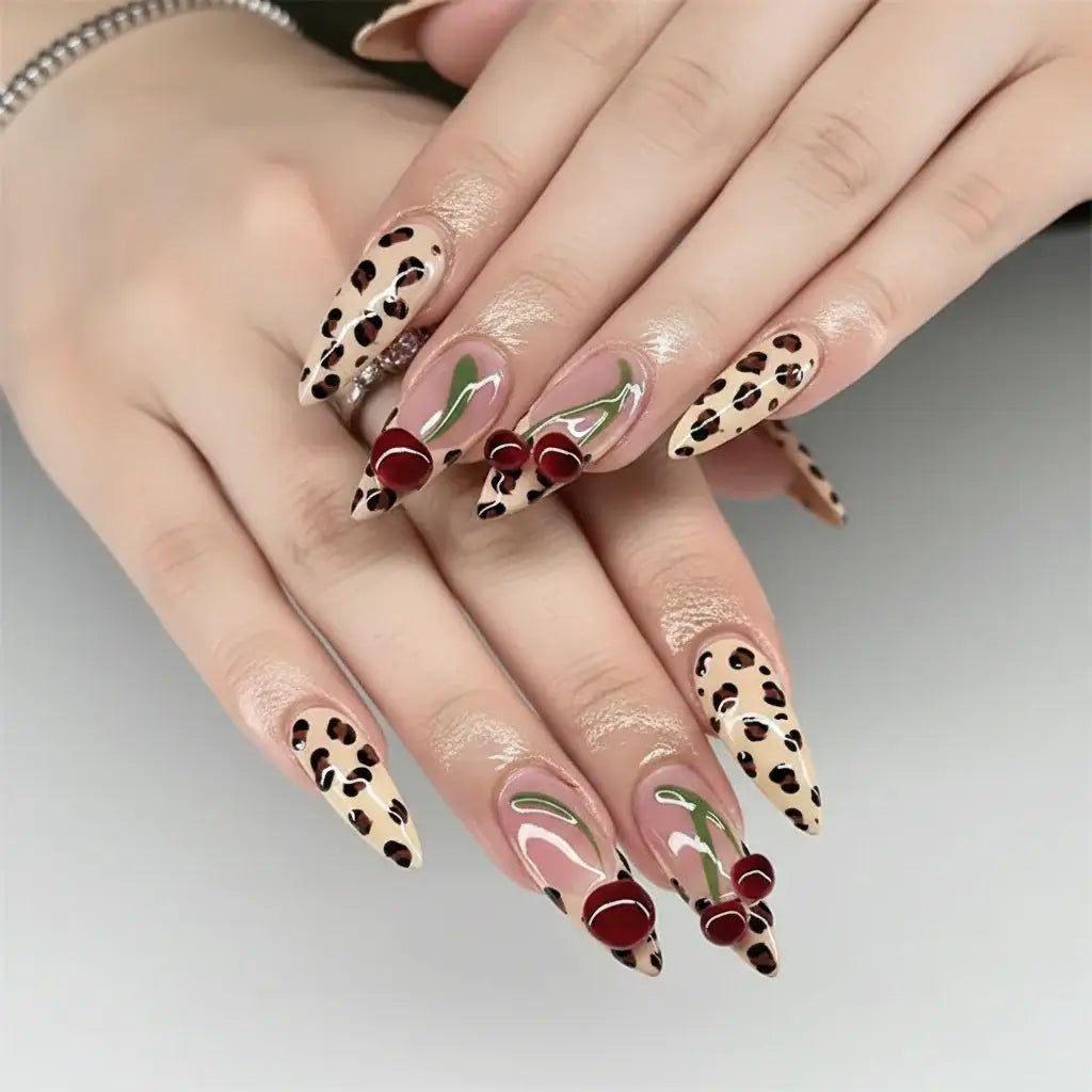 Hadi Craft USA Leopard Print French Almond Press-On Nails with Bow & Pearl, ABS nail art, handmade style
