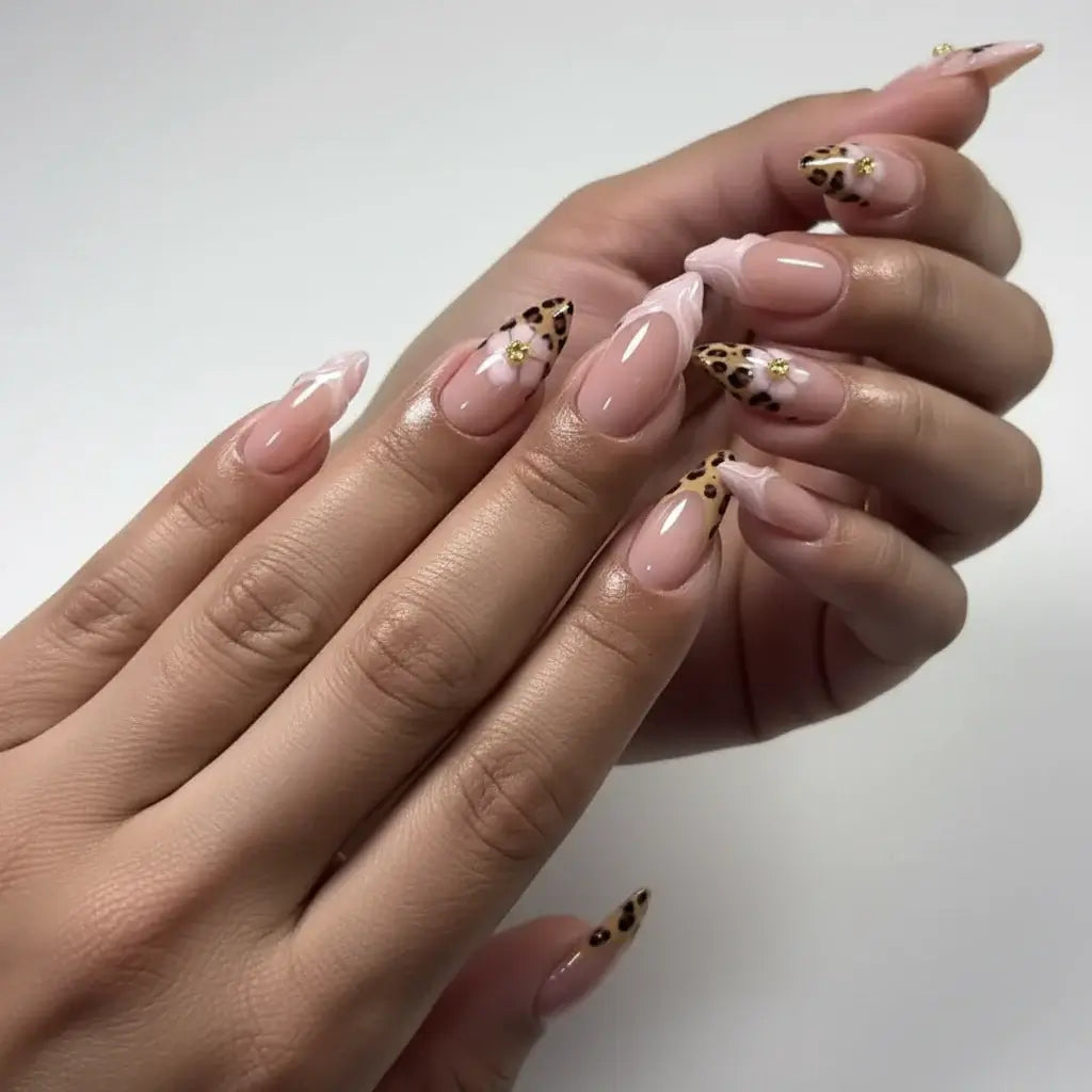 Leopard Print French Almond Press-On Nails with Bow & Pearl by Hadi Craft USA, handmade nail art, modern earrings style, personalized design