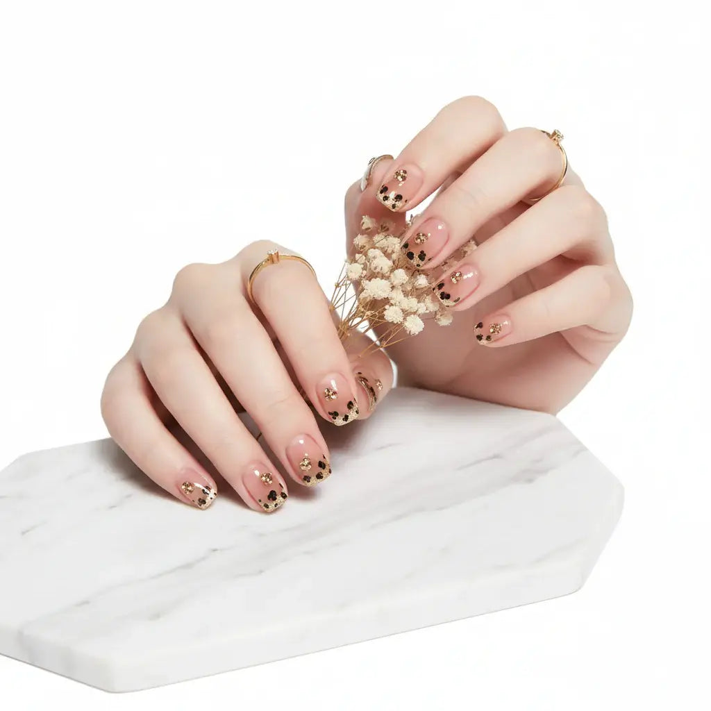 Alt Tag: Hadi Craft USA Leopard Print French Almond Press-On Nails with Bow & Pearl, ABS press-on manicure, modern nail art, handmade style