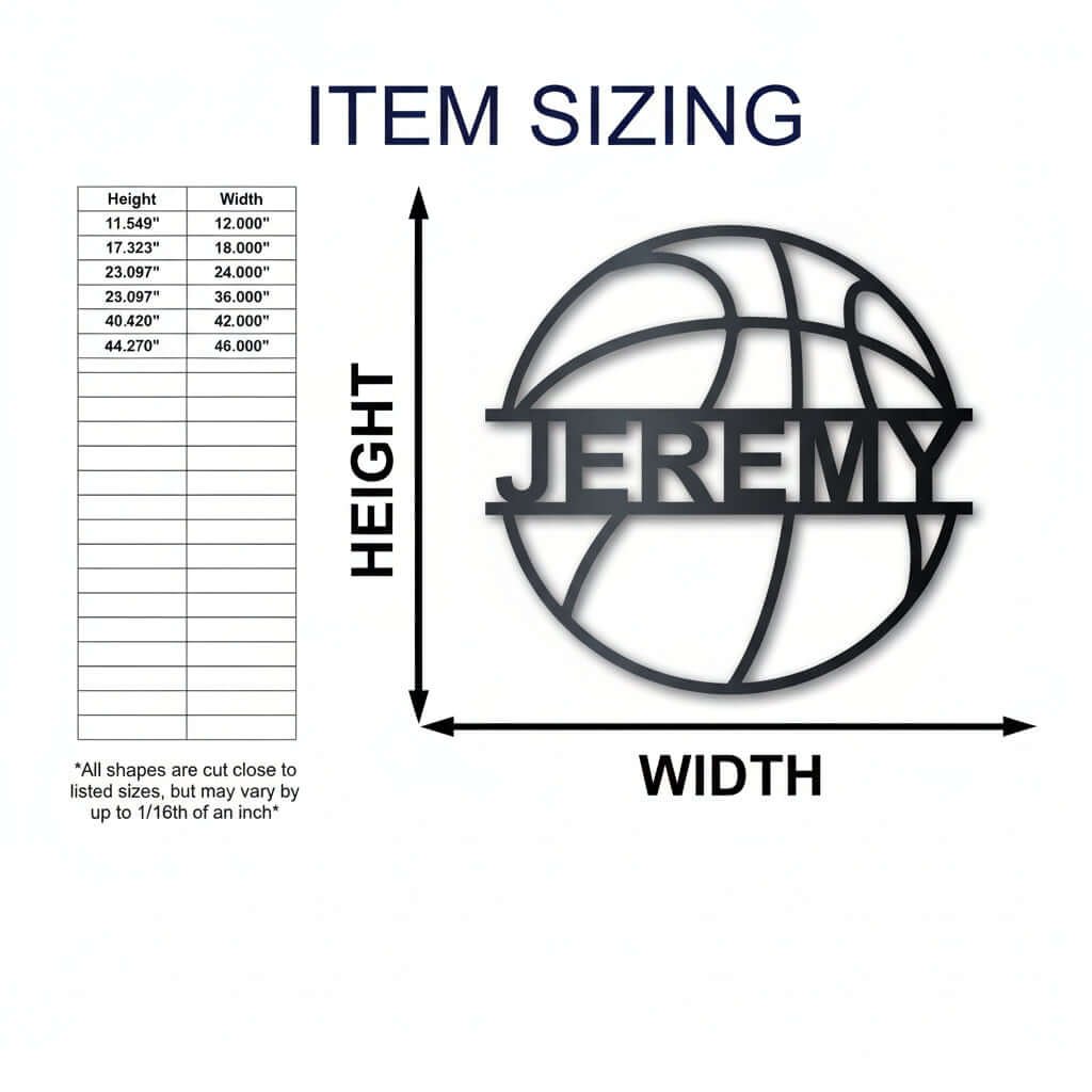 Custom Metal Basketball Wall Art | Personalized Sports Name Sign sizing chart with JEREMY metal wall sign by Hadi Craft USA, metal wall sign, personalized, handmade
