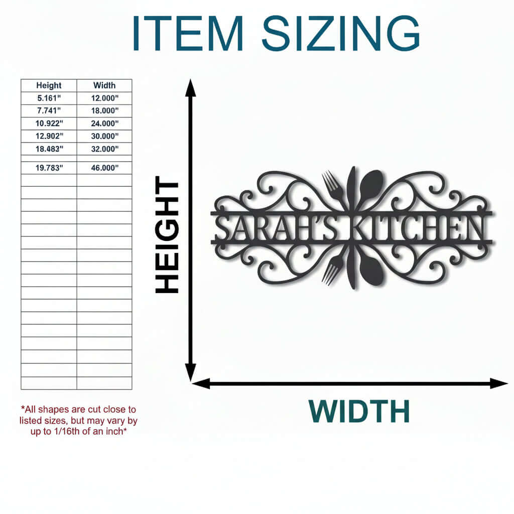 Custom Metal Kitchen Silverware Sign | Farmhouse Kitchen Wall Decor sizing chart with personalized SARAH’S KITCHEN metal wall sign by Hadi Craft USA